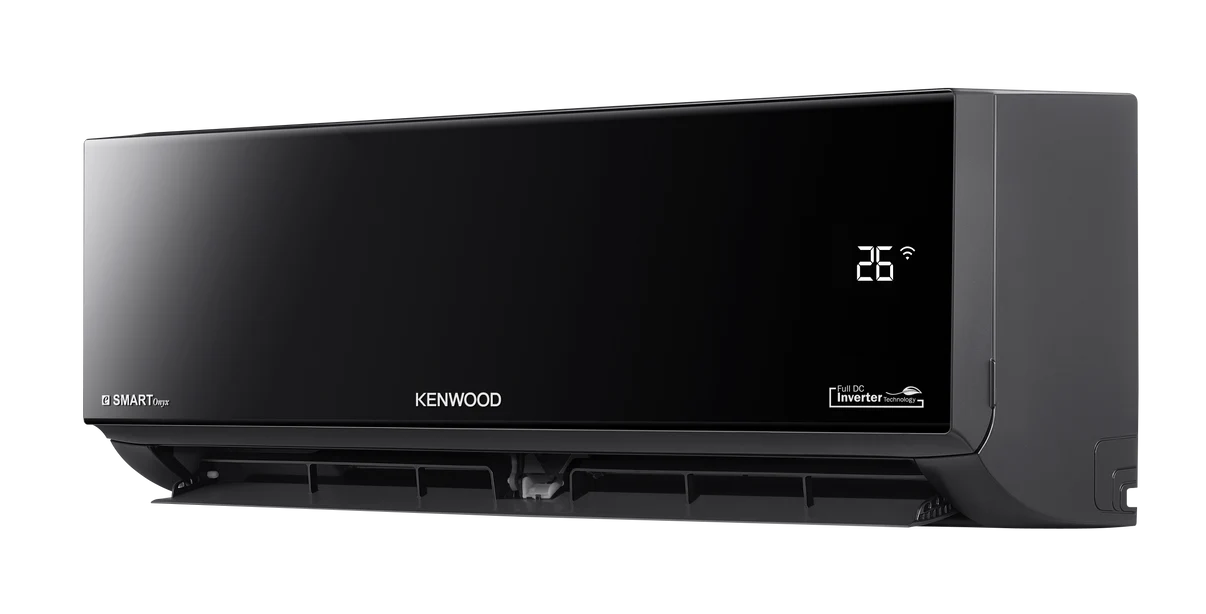 The 1866-2.webp wall-mounted AC features a sleek black design with a shiny front panel displaying a digital 26°C temperature and Wi-Fi symbol, stylish reflective cover, bottom vents, and powerful 2 Tonne inverter performance.