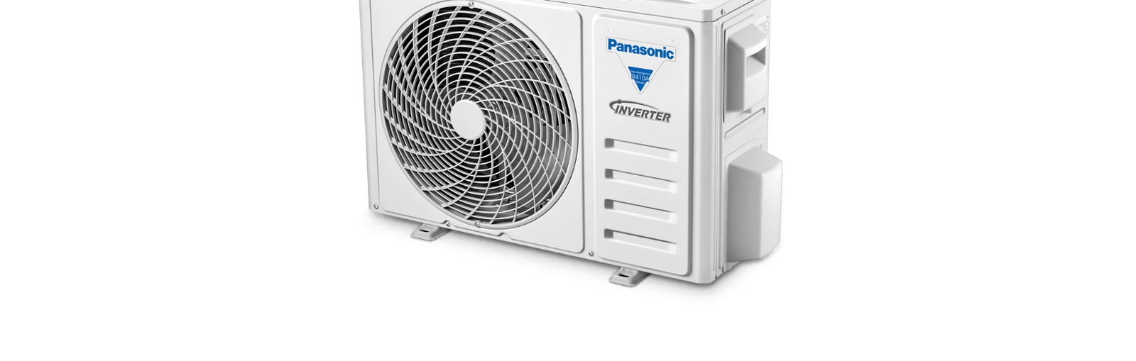 The 18XKF9-4.png shows a white Panasonic Inverter AC outdoor unit with a large fan and ventilation slots, positioned on a flat surface against a plain background.