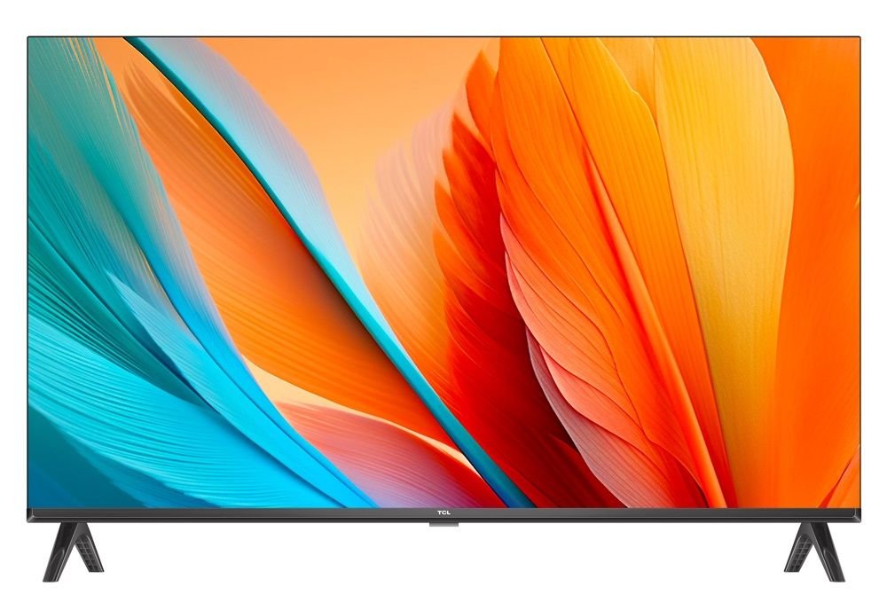 The 2.ecsc_kr_s5400a_32__front_1_1.jpg shows a flat-screen TV with a thin black bezel, two leg stands, and a vibrant abstract display of orange and blue feathers.