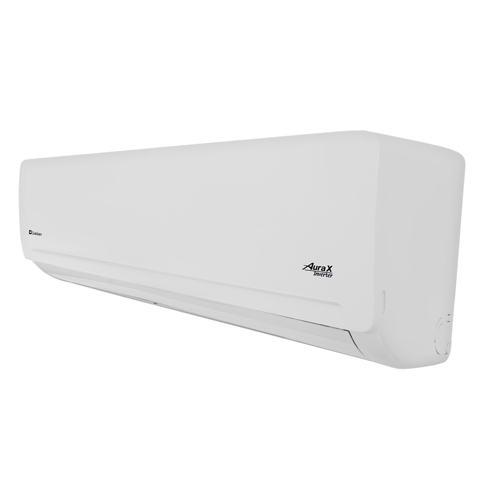 A white, wall-mounted split air conditioner with a sleek design, named 30-Aura-2.webp, from O General’s Aura X 1.5 Tonne Inverter AC series, is shown against a plain background.