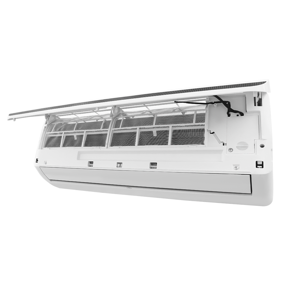 The 30-Econo-3.webp, a white 1.5 Tonne Dawlance Inverter AC wall-mounted unit, is shown with its front panel open to display internal air filters and components for easy cleaning or maintenance against a plain background.