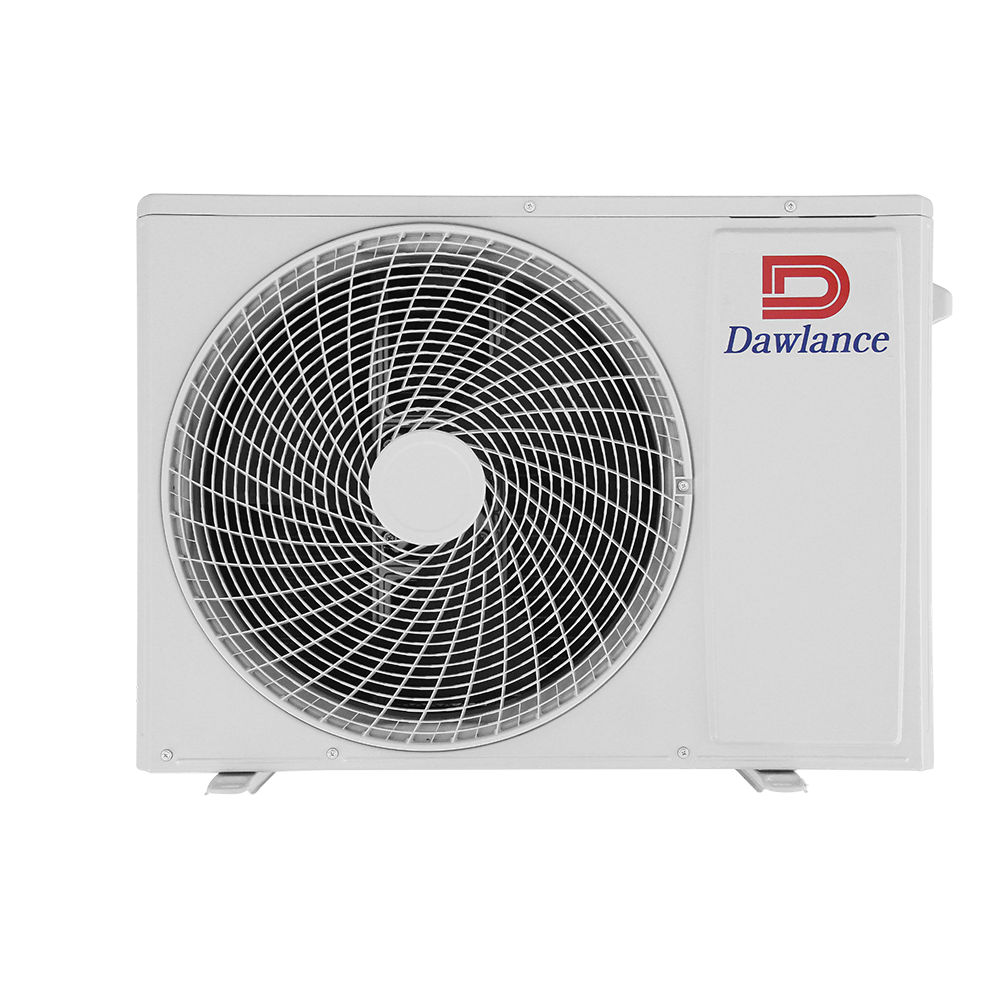 The Dawlance 30-Econo-4 outdoor unit is white with a large circular fan grille and front-panel branding, providing efficient 1.5 Tonne inverter AC cooling.