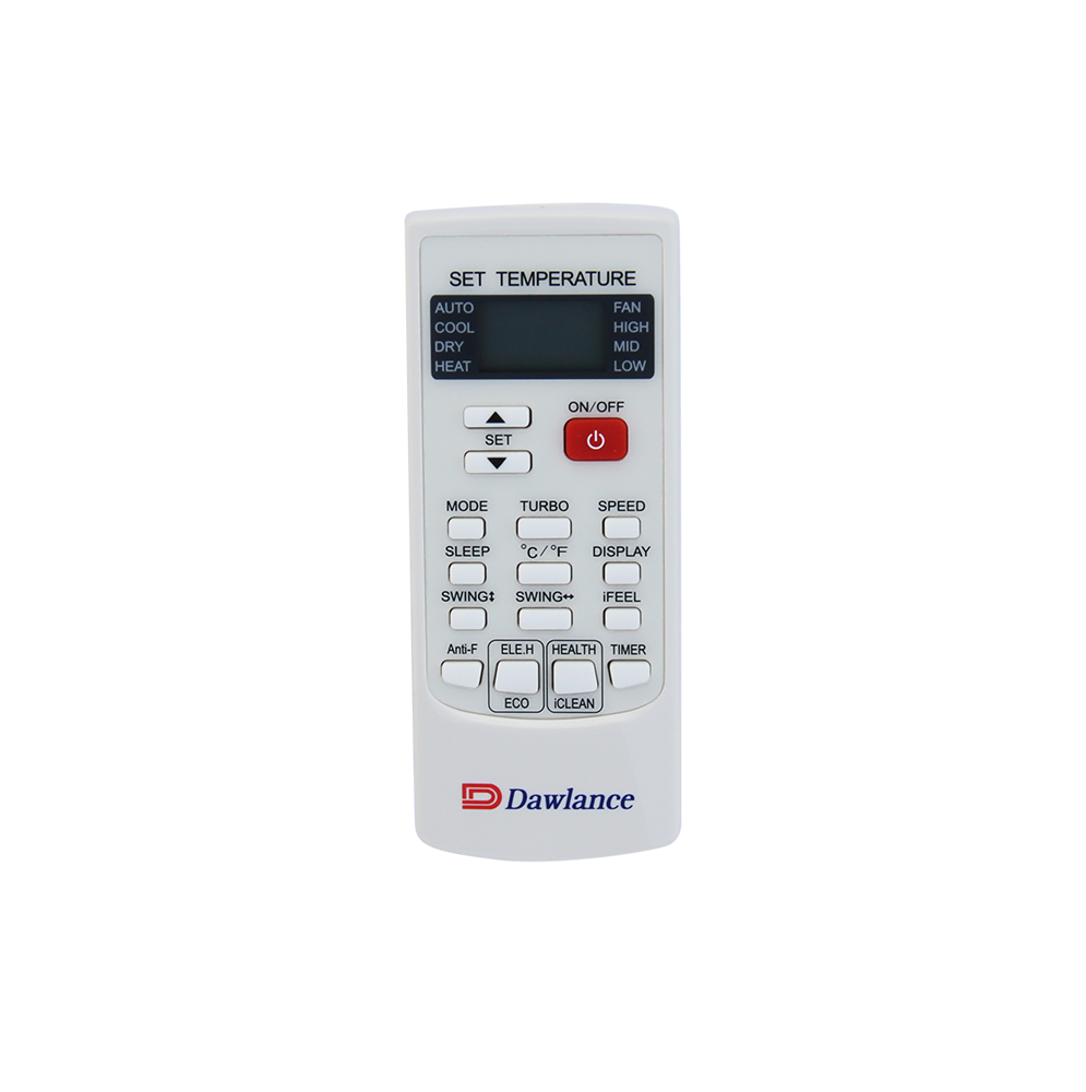 The 30-Econo-5.webp Dawlance remote control, compatible with Econo+ X 1.5 Tonne and Dawlance Inverter ACs, features a digital screen showing temperature plus buttons for mode, fan speed, swing, timer, and power.