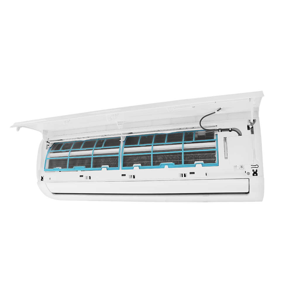 The 30-Enercon-3.webp wall-mounted AC with its front panel open, displaying internal filters and components.