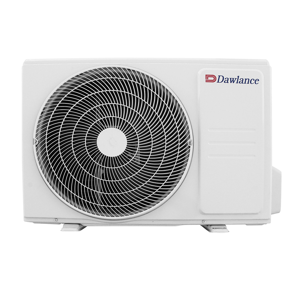 The 30-Enercon-4.webp outdoor unit is white with a large circular fan cover on the left and the Dawlance logo on the top right, reflecting the reliable performance of this Dawlance Inverter AC.