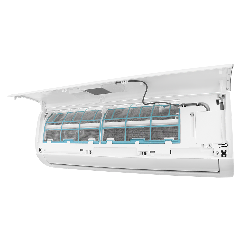 A close-up of a wall-mounted 30-Powercon-3.webp AC shows its open front panel with internal filter and components visible. The sleek white unit stands out against a plain background.