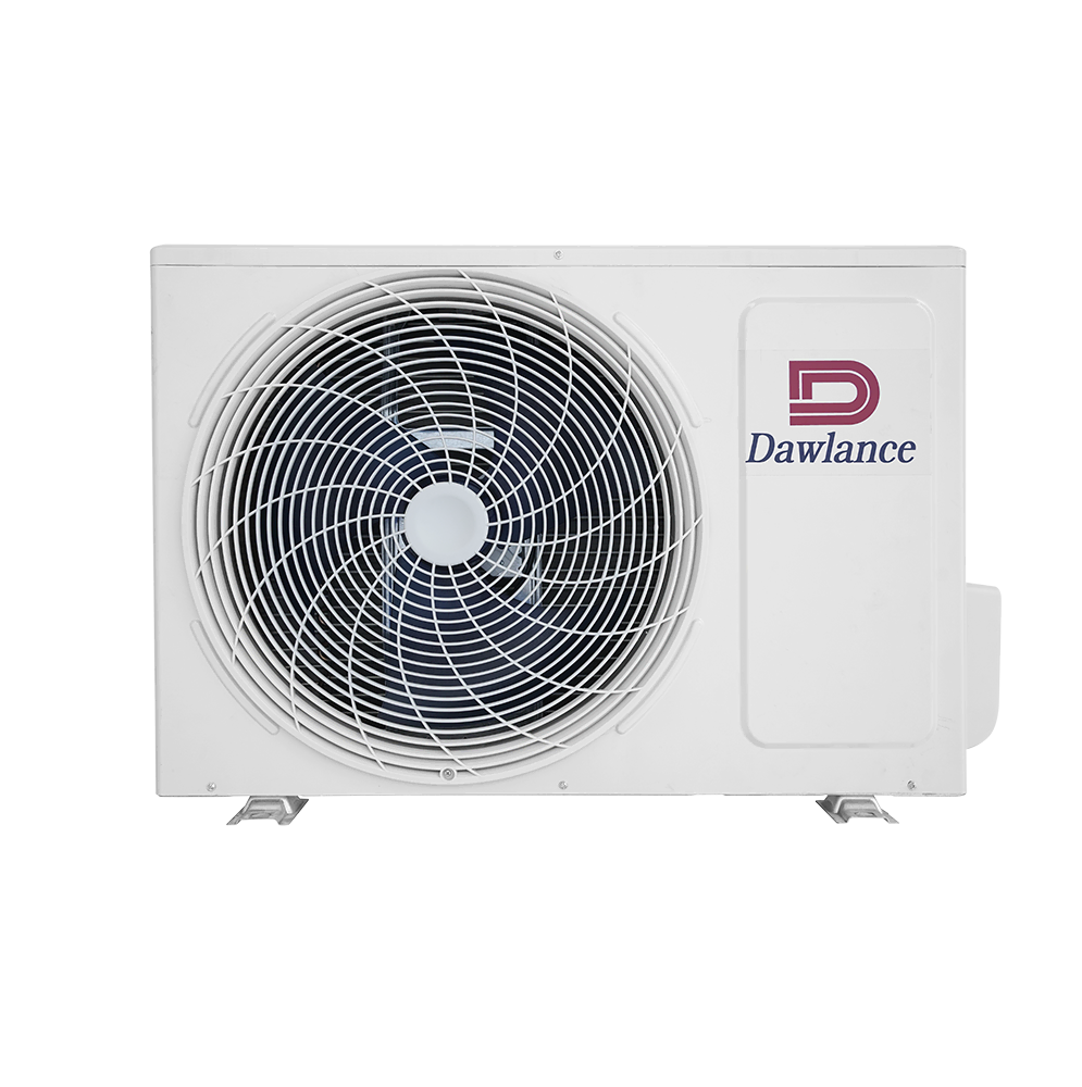 A white 30-magna-T3-W-4.webp outdoor unit with a large circular fan and Dawlance logo on the front panel, shown against a plain background.