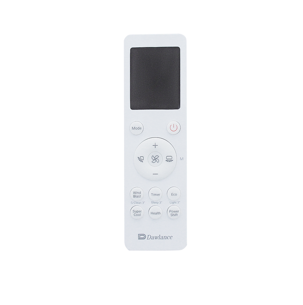 A white remote control (30-magna-T3-W-5.webp) for Dawlance Magna T3 1.5 Tonne Inverter AC with a black display and labelled round buttons—mode, fan, timer, eco, super cool, health, power; right side is partially cropped.