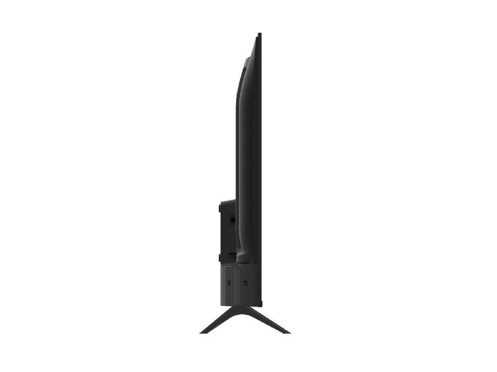 The 40-8_1_4_1_1.png flat-screen TV is shown from the side, highlighting its slim profile, black frame, and base stand, all set against a plain white background.