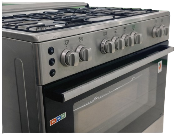 A close-up of the 98-DFF-02.png cooker shows six control knobs, four function buttons, a glass oven door, multiple gas hobs on top, and a Turbo Fan Oven for even cooking.