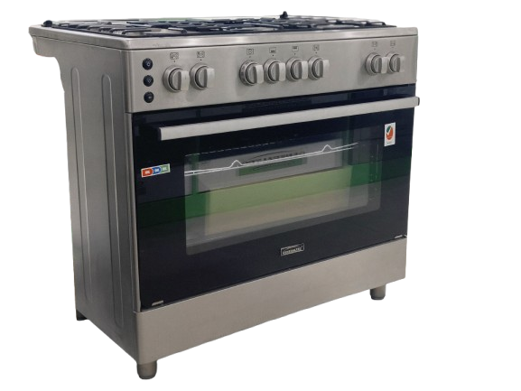 The 98-DFF-03.png cooker is a stainless steel, freestanding gas hob with six knobs, a glass oven door, four top burners, and a Turbo Fan Oven. Its modern design stands out against a plain white background.