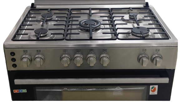 The 98-DFF-04.png is an imported stainless steel cooker with five burners, six control knobs, a Turbo Fan Oven, metallic finish, and a protective glass oven door cover.