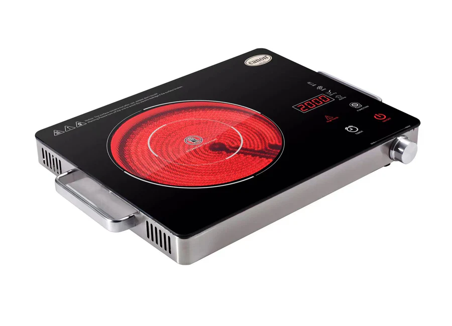 The CHA-CCT1-01-3.webp Single Burner Electric Infrared Cooker has a black and silver look, glowing red ceramic heating element, control buttons, digital display, and easy-grip side handles.