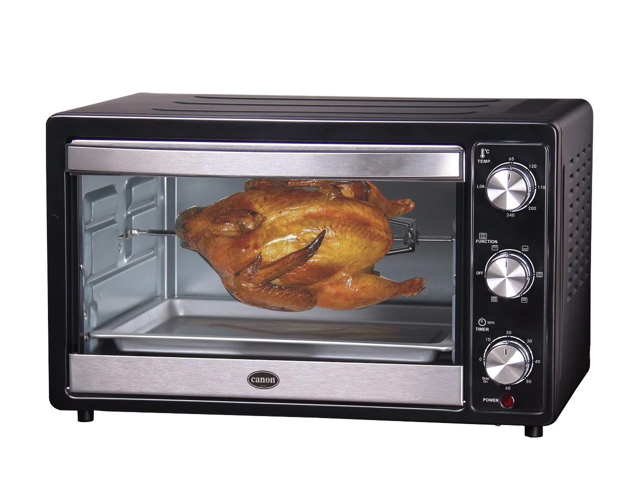 A whole roasted chicken turns on a rotisserie spit inside the CHA-EOT-33-01, a 33L electric oven toaster with three control knobs and a glass door.