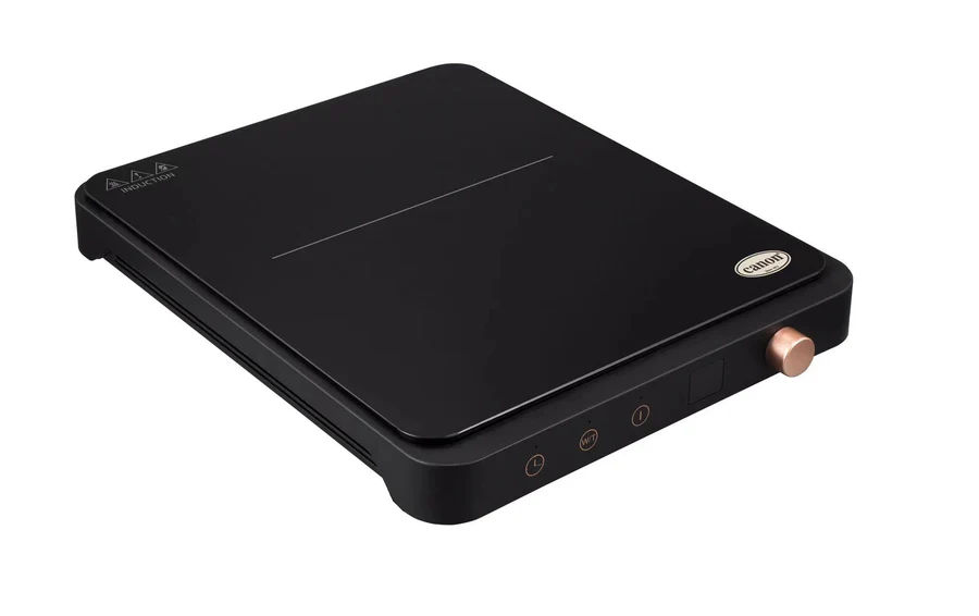 The CHA-ICT1-01-2.webp is a sleek, rectangular black induction hob featuring a single burner, touch controls, a copper-coloured knob, and minimalist design.