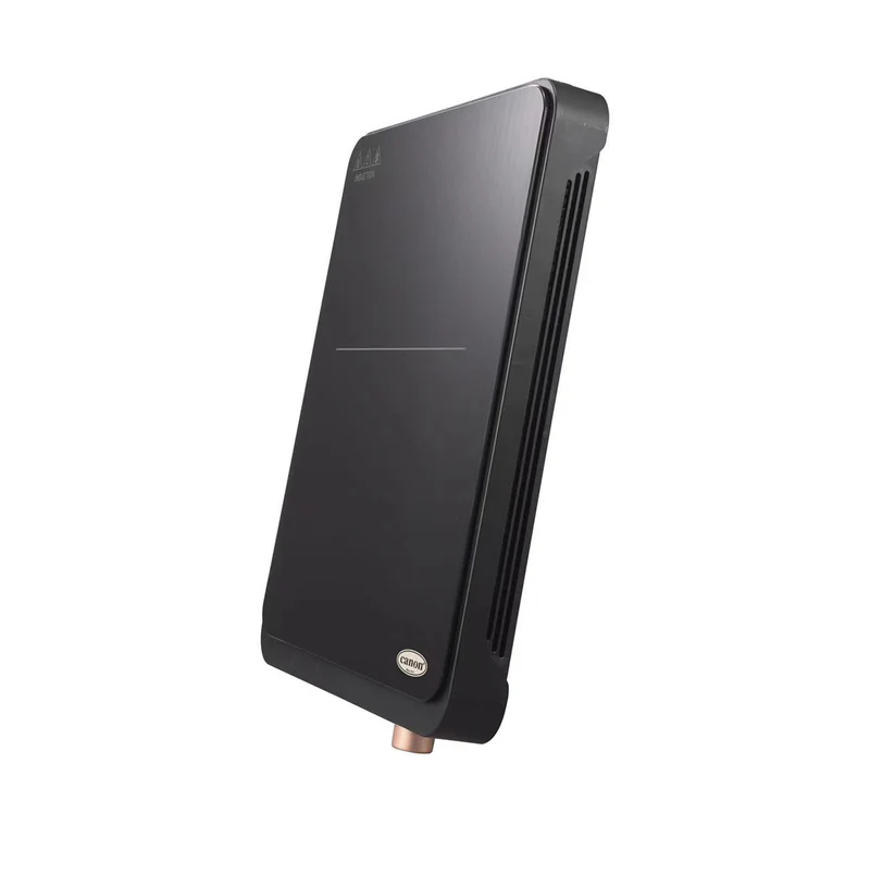 The CHA-ICT1-01-3 is a sleek, black rectangular tankless water heater with a minimalist design, shown upright at a slight angle on a white background—resembling an Electric Induction Hob Single Burner.
