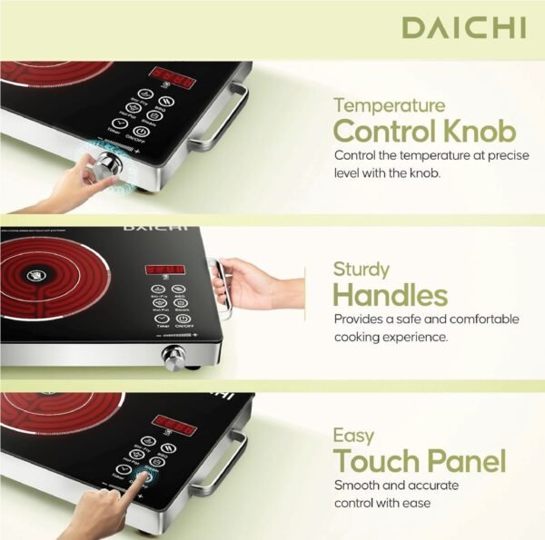 A promotional image, Daichi-Cooker, features a DAICHI Single Infrared Cooker with a temperature control knob, sturdy handles, toughened glass surface, and an easy touch panel for precise 2200W operation and enhanced safety.