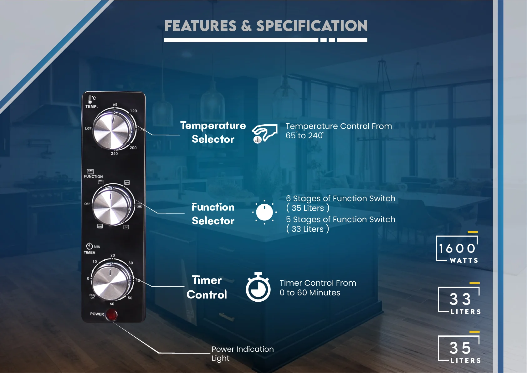 The EOT-35-P.webp control panel features imported premium knobs for temperature (65–240°C), function (6 stages), timer (0–60 min), and power. Icons highlight 1600W, 33L, and 35L capacity—perfect for the modern kitchen.