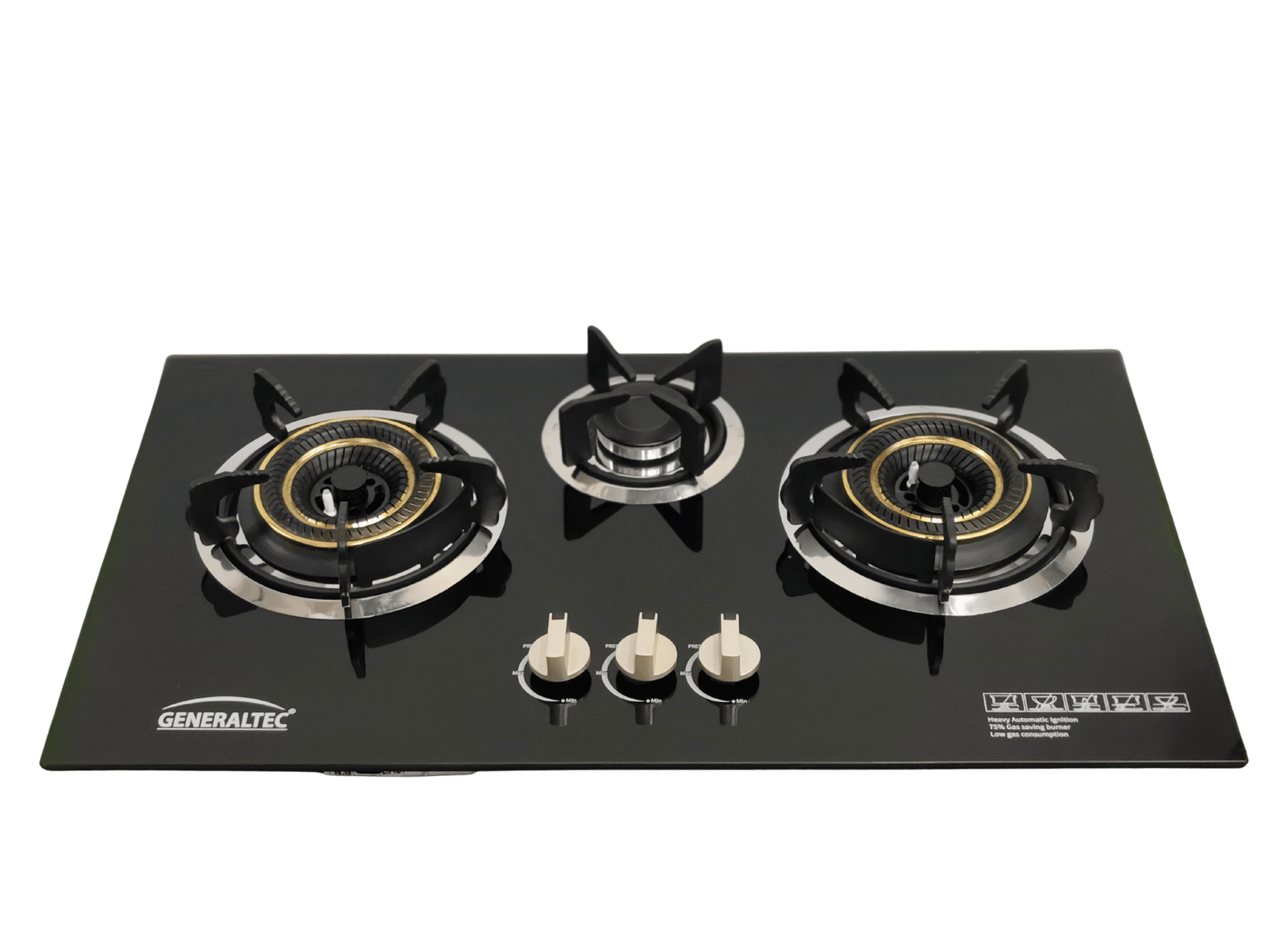 The Generaltec G 71301-i Glass Built-In Gas Hob features a black glass top, three burners in a triangular layout, and three metallic control knobs at the front. The GENERALTEC brand name is visible on the left corner.
