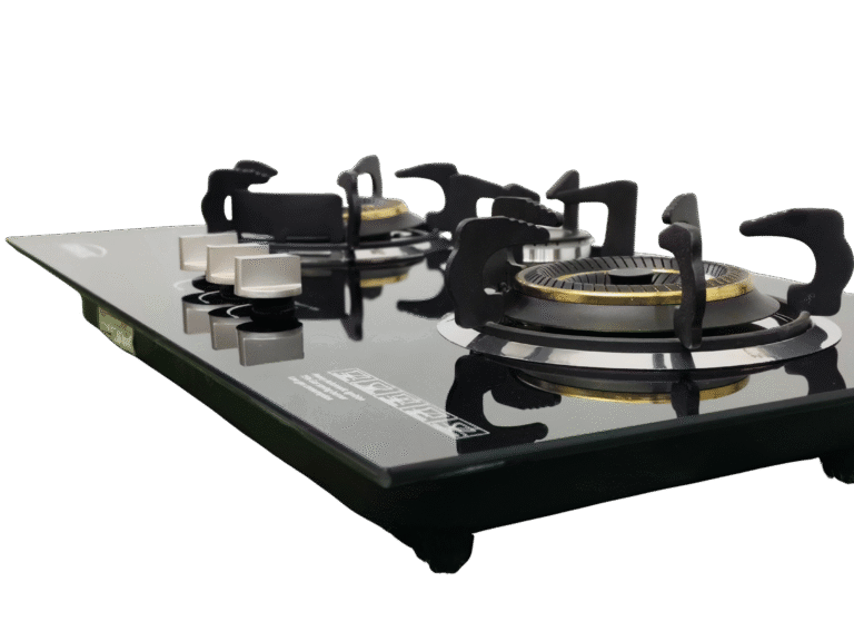 A close-up of the G-71301-i-02.png glass built-in gas hob, featuring metallic burner rings and sleek control knobs on a glossy surface, set against a white background.