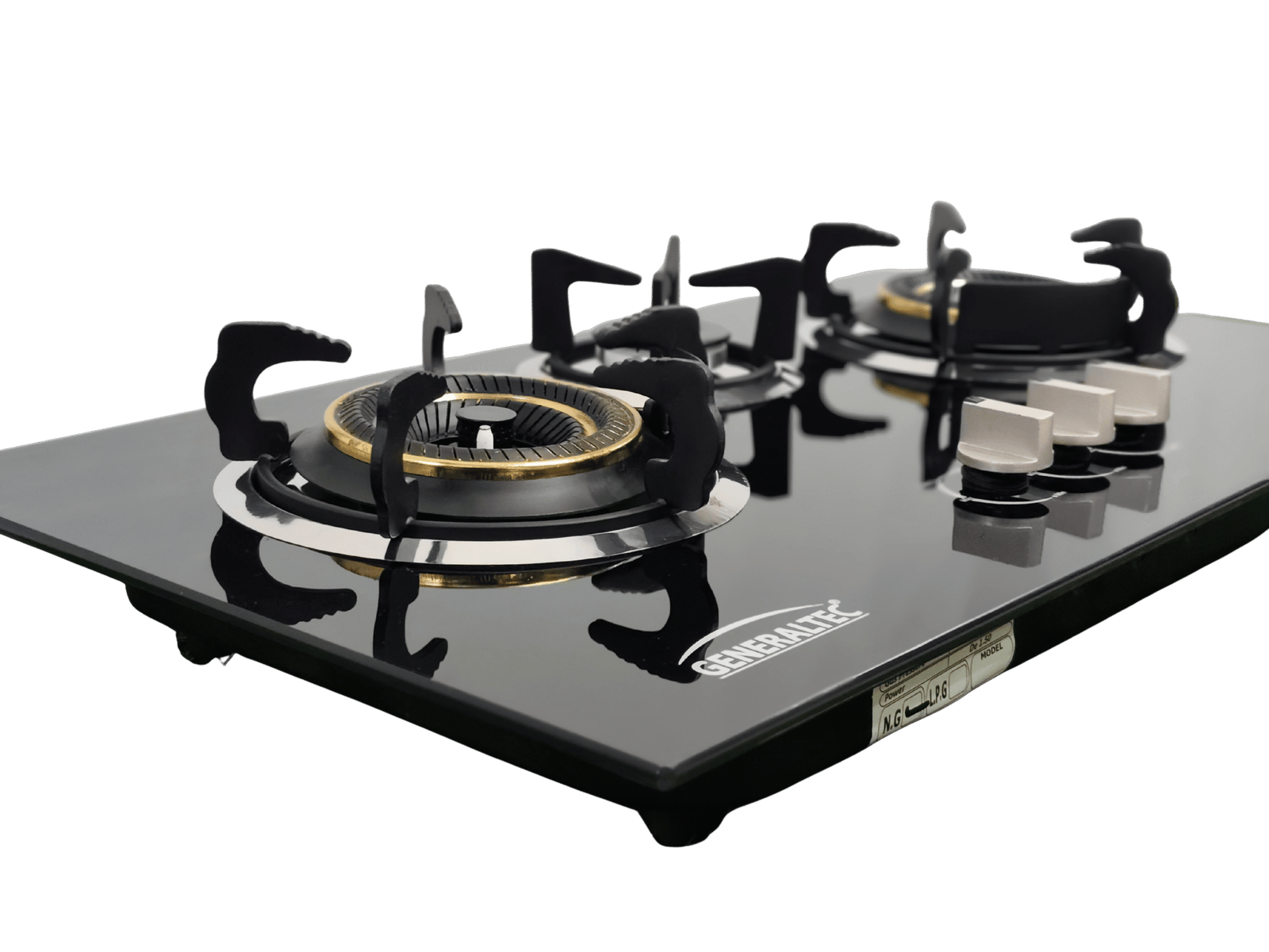 The G-71301-i-03.png is a sleek black glass built-in gas hob with three burners, metallic pan supports, and three white control knobs. GENERALTEC branding is visible on the surface, shown against a white background.