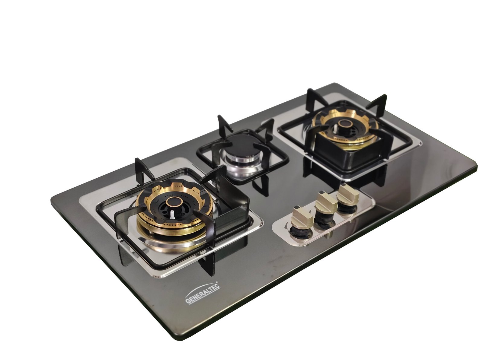 The GCS-71306-B-02 is a sleek black glass-top 3 burner gas hob, featuring metallic burners, stainless steel supports, and three right-side control knobs for easy operation.