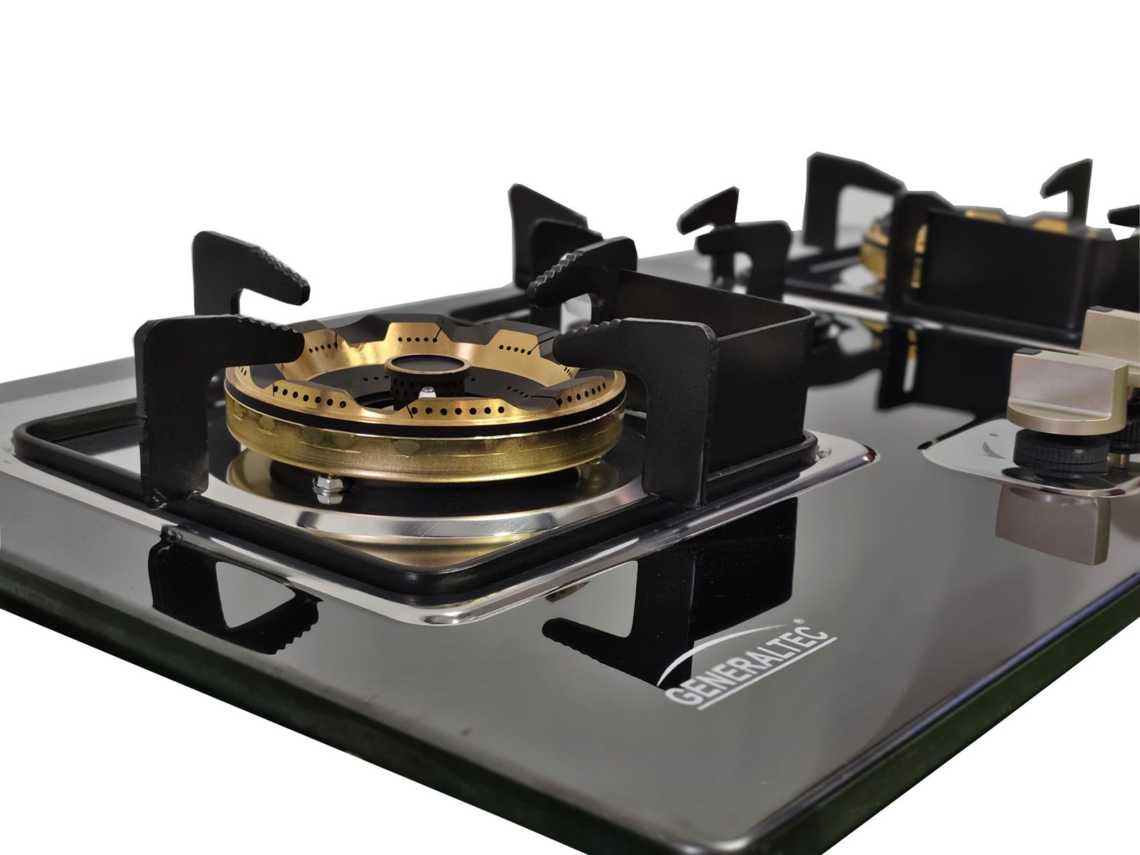 Close-up of the GENERATEC GCS-71306-B-03 black glass-top 3 burner hob with brass burners, sturdy pan supports, and a control knob on a white background—ideal as a built-in hob for modern kitchens.