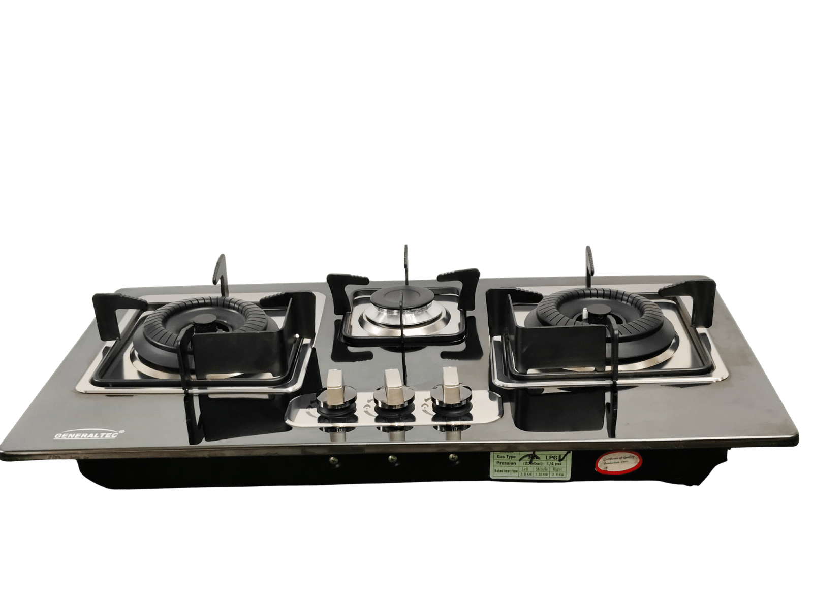 The Generaltec GCS-71306-i Built-In Gas Hob features three burners, stainless steel finish, black pan supports, and front-mounted control knobs, all set against a white background.