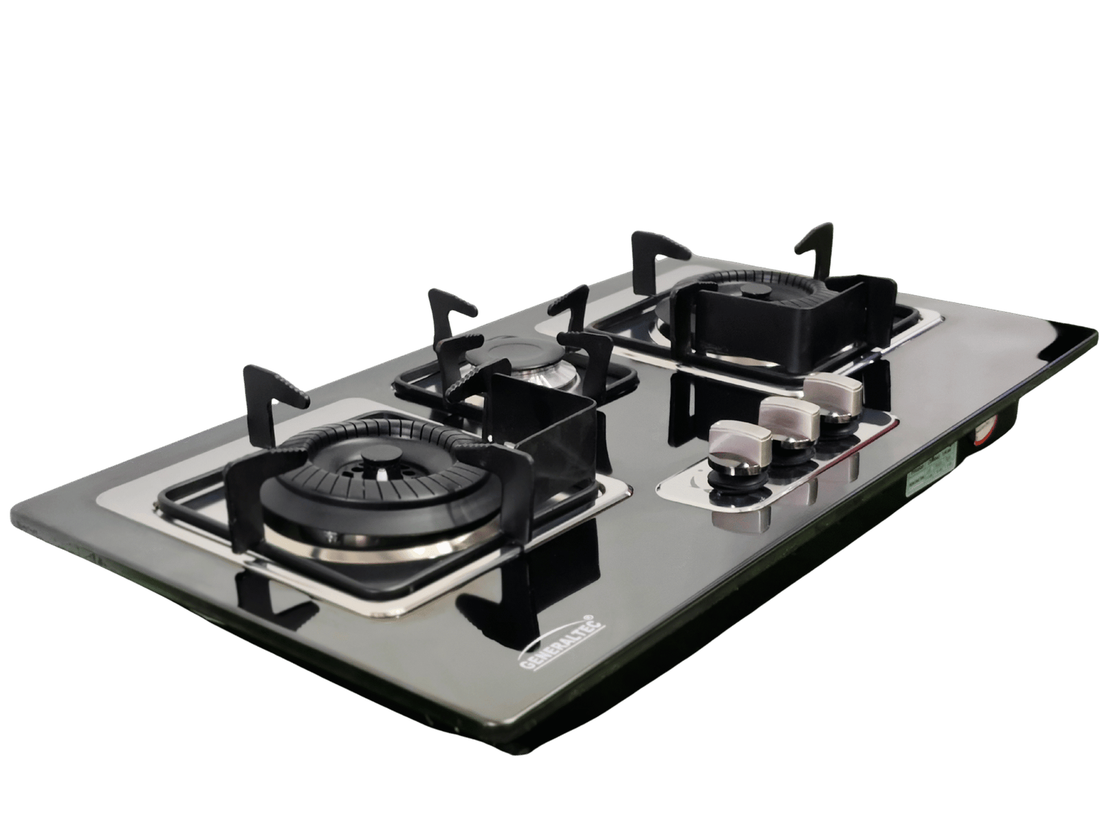 The GCS-71306i-02.png showcases a 3-burner built-in gas hob with a sleek black glass top, silver control knobs, and durable black pan supports, all presented from an angled view on a white background.
