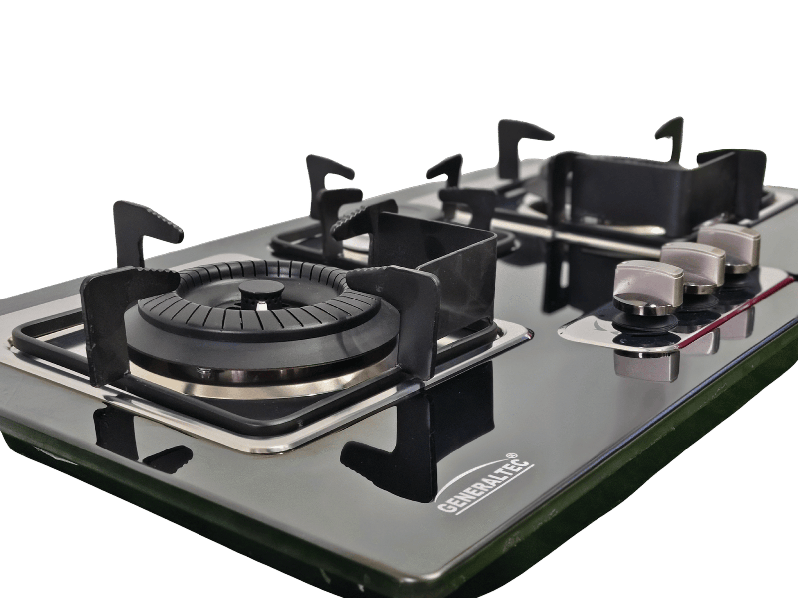 A close-up of the Generaltec GCS-71306i-03 built-in gas hob with a black glass top, three burners, and three silver control knobs on the right-hand side.