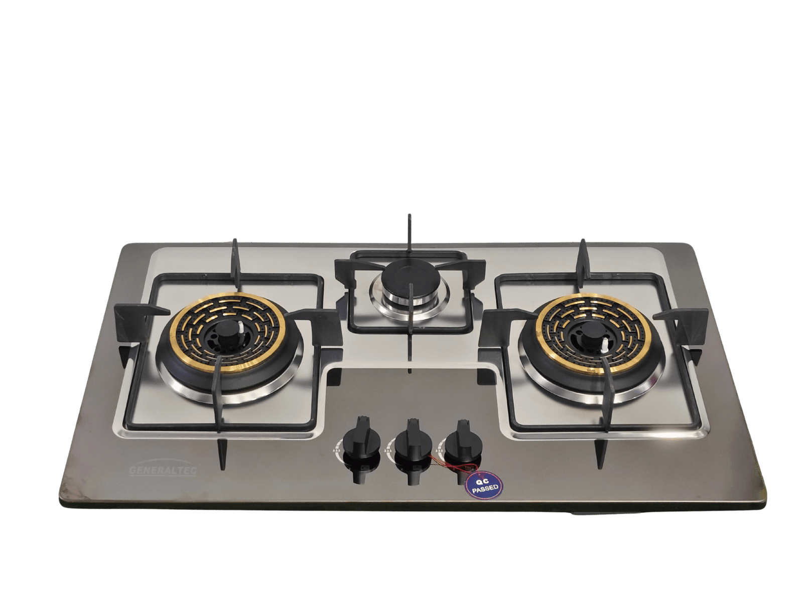 The Generaltec GCS-73301-B Built-In Gas Hob features three brass burners with black grilles, gold accents on two burners, and three front control knobs, all set against a white background.