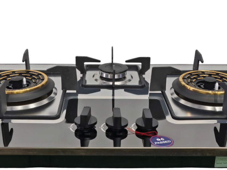 The GCS-73301-B-03.png is a black built-in 3 burner gas hob with sturdy metallic supports, three front control knobs, brass burners for efficient cooking, and a QC passed tag on one knob. Plain white background.