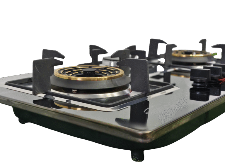 A close-up of the GCS-73301-B-05 gas hob features two stainless steel burners with durable brass for efficient flames, black pan supports, and control knobs, all set against a white background.