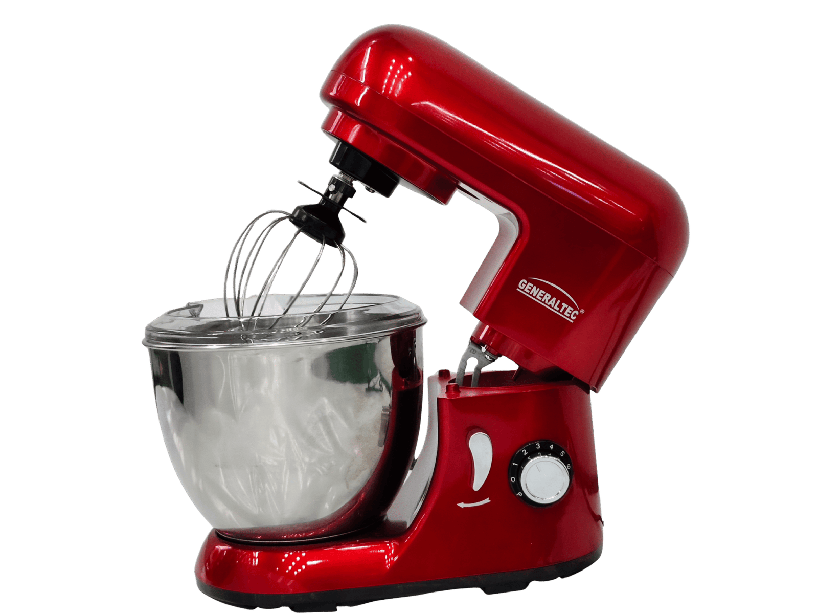 The GM-983-04.png features a shiny red stand mixer with a stainless steel mixing bowl and wire whisk attachment, displayed against a plain white background.