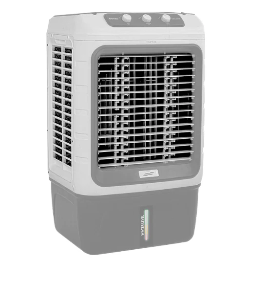 The RAC-4700-1.webp is a portable air cooler with top control knobs, front vents, and a lower water level indicator, all in a sleek white and grey design.
