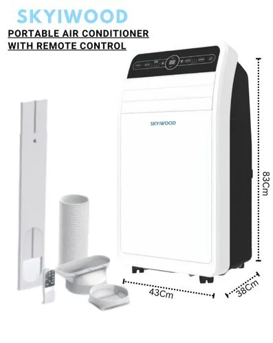 Portable white SKP-1221-02.webp 1 Tonne Inverter AC with remote control, 83cm tall and 43cm wide. Accessories such as vent hose, window kit, and adaptors are shown next to the unit.