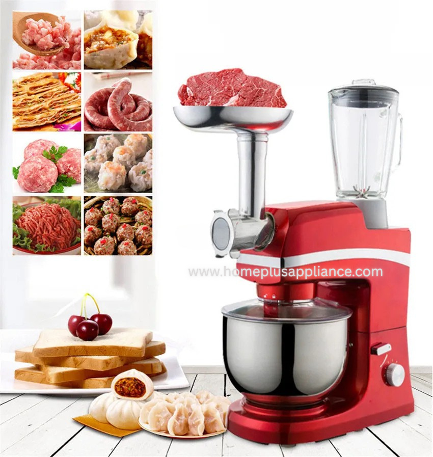 The Stand-Mixer-GM-1083-02.png is shown in red, featuring blender, mincer, and mixing bowl attachments. Nearby are images of minced meat, sausages, dumplings, toast, cherries, and garlic.