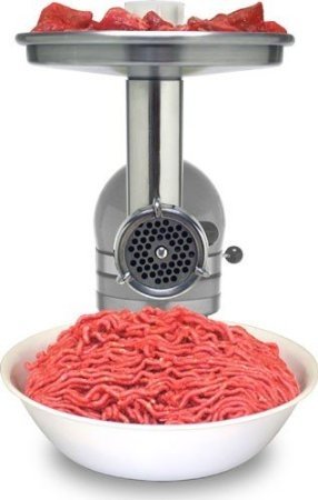 The Stand-Mixer-GM-1083-03.jpg shows a metal mincer attachment on a stand mixer, processing raw meat pieces with fresh minced meat coming out into a white bowl below.