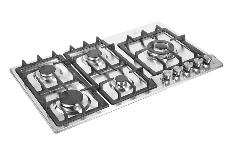 The gas-hobs-HB-945-S1-1.webp features five stainless steel burners of different sizes, right-side control knobs, and black pan supports over each burner.