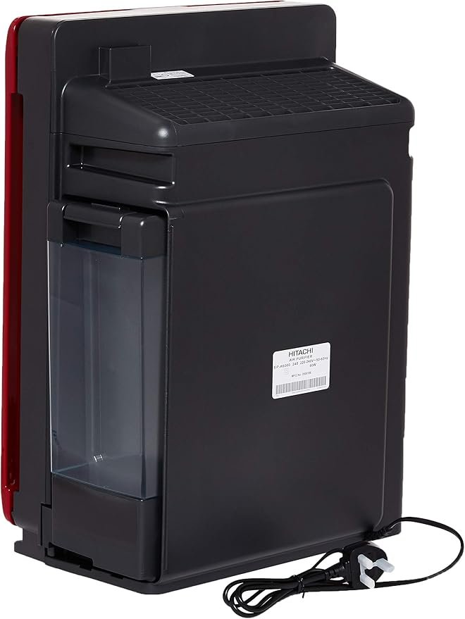 The Hitachi EP-A6000, shown in black and red with a transparent water tank and attached power lead, filters PM2.5 particles and stands upright on a white background (image: hitachi-ep-a6000-03.jpg).
