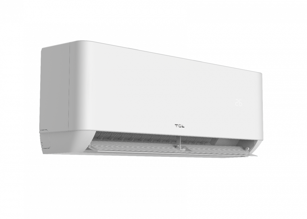 A TCL Ocarina air conditioner (ocarina_left_open-_gentle_breeze_mode_1-1.png) is wall-mounted with a digital display and a front vent slightly open, shown against a plain white background.