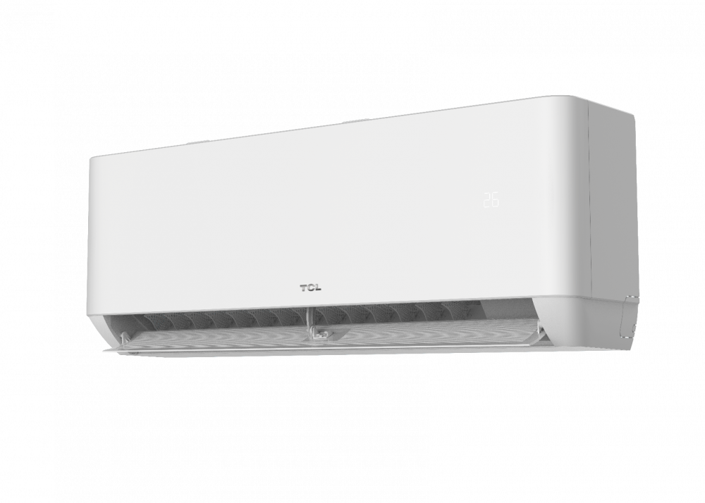A modern white wall-mounted air conditioner (ocarina_right_open-non_gentle_breeze_mode_1-1.png) with a digital temperature display and bottom vents, photographed against a plain white background.