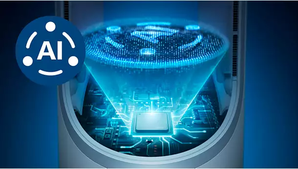 A glowing blue hologram above a computer chip symbolises AI, while an AI icon and the vrs_7000-S-12.webp showcase advanced technology and digital innovation.