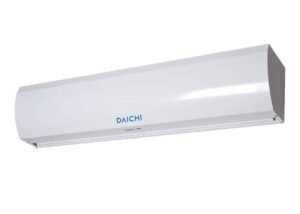A white wall-mounted Daichi CGF-01 centrifugal air curtain with "DAICHI" in blue on the front, photographed against a plain white background. This 4ft air curtain provides efficient airflow for doorways.