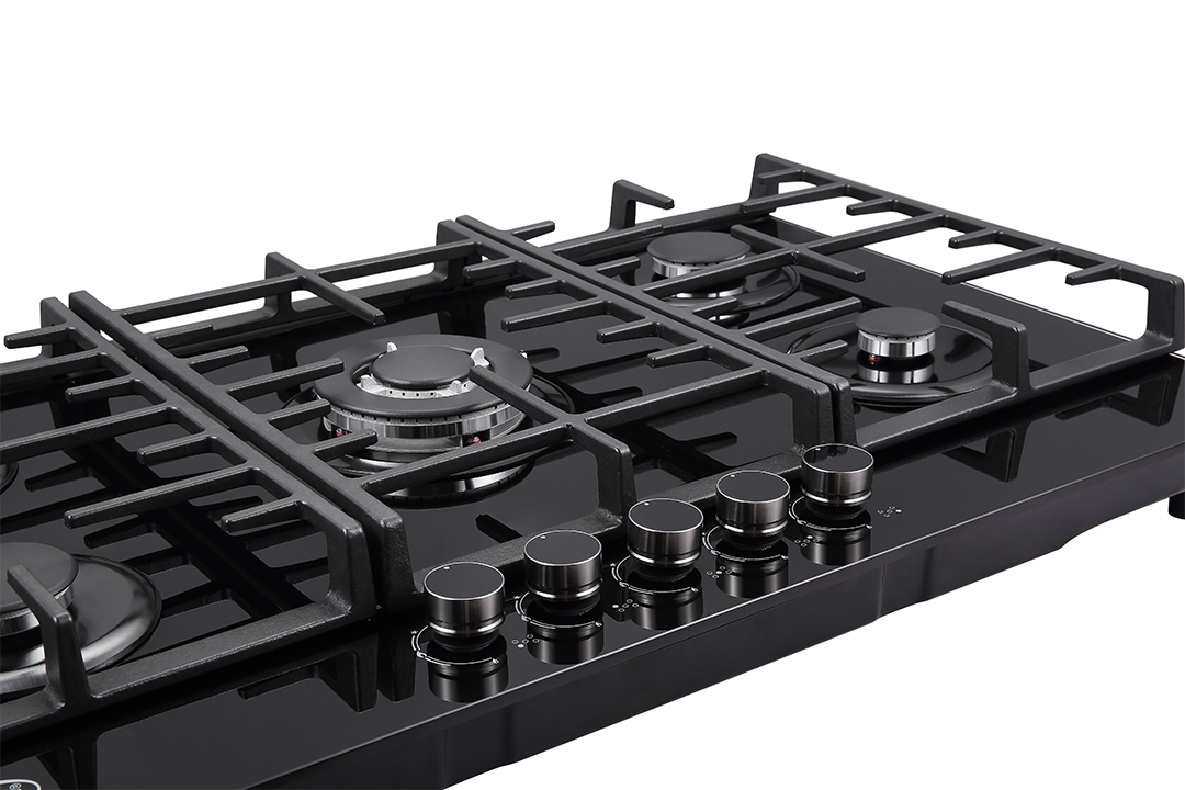 The FBH-G90-5SBF-02 features a sleek black glass hob with durable metal pan supports, five front control knobs, and four burners—perfect for adding style and function to modern kitchens.