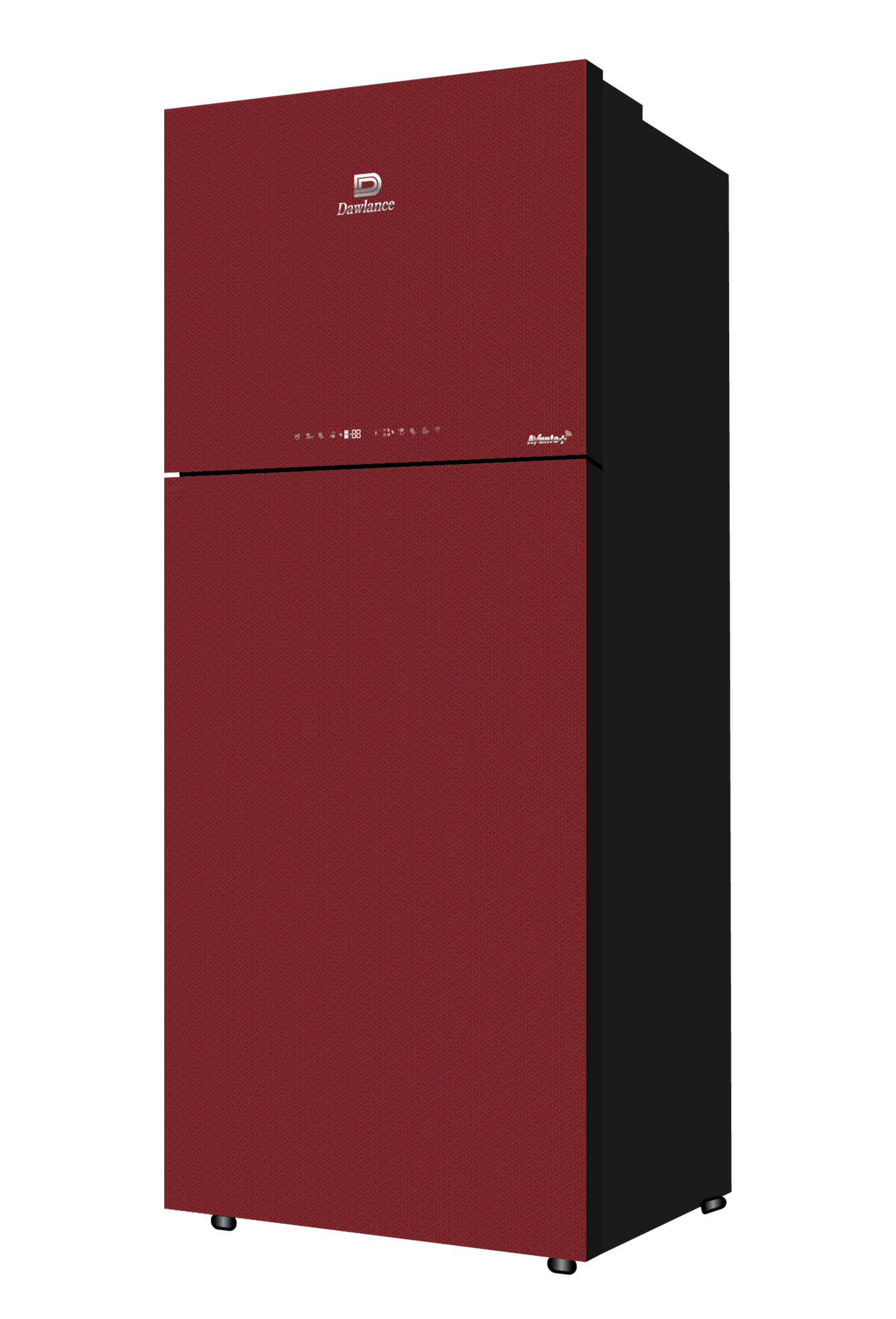 Dawlance Avante+ IoT Silky Red Double Door Refrigerator with striking red doors and black side panels, featuring a touch display on the door and a sleek modern silhouette.