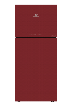 Dawlance Avante IoT Silky Red double door refrigerator with bold red panels and sleek design, featuring subtle textures and a modern electronic door display.