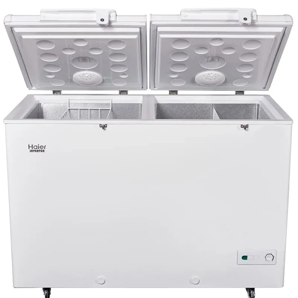 Haier inverter deep freezer HDF-545 19 CUFT, white chest freezer with dual hinged lids, internal compartments, LED indicators, and -35°C cooling capability