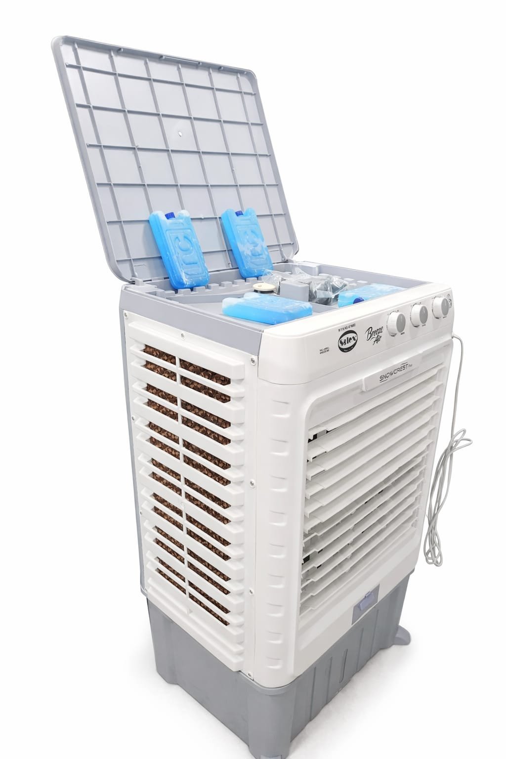 The SAC-14000-L 03 is a white and grey air cooler with an open top lid revealing two blue ice packs, front and side vents, control knobs, and a side power lead.