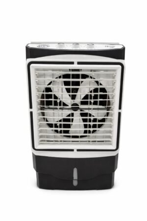 The SAC-12000-S 01 is a black and white box fan featuring a front protective grille and top control buttons, photographed against a white background.